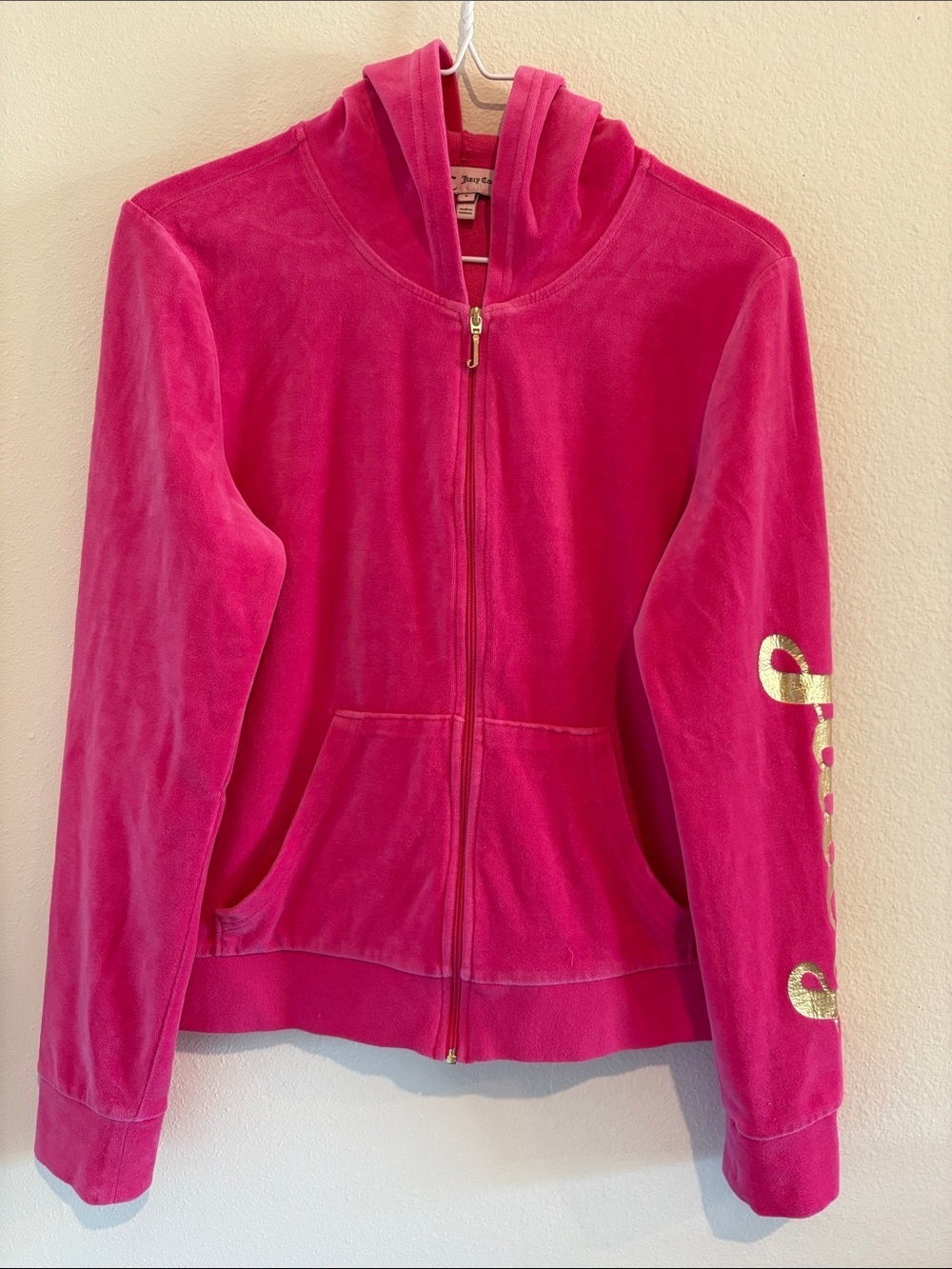 Juicy Couture Pink Velour Zip Hoodie with Gold Accents